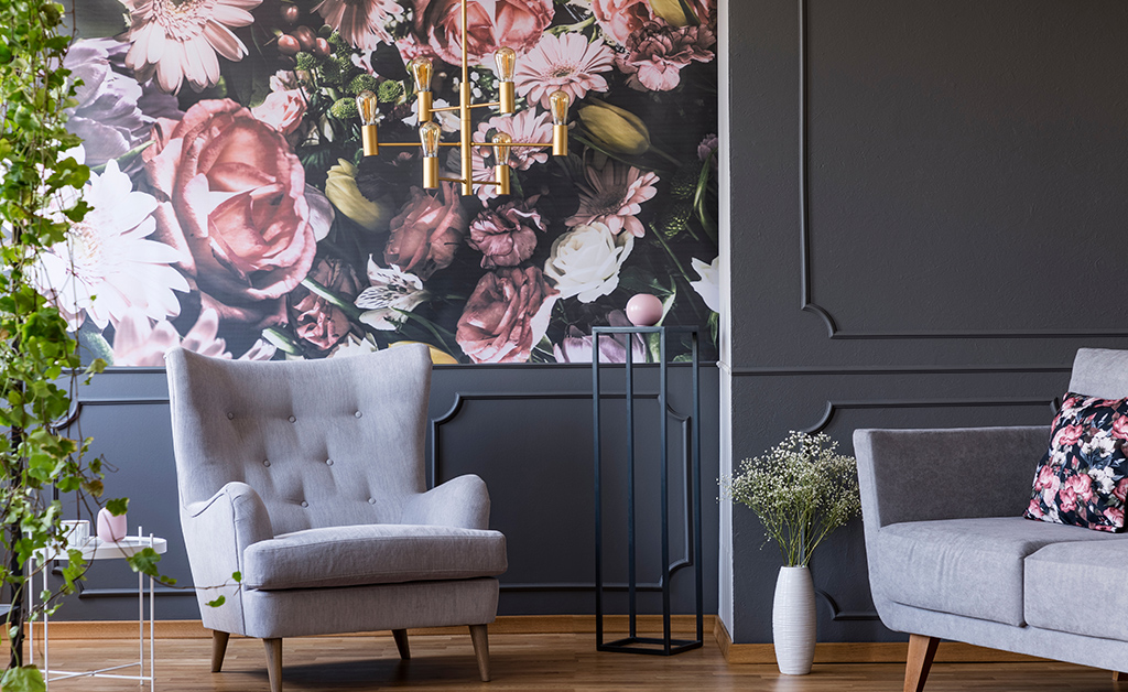 living room with floral patterns