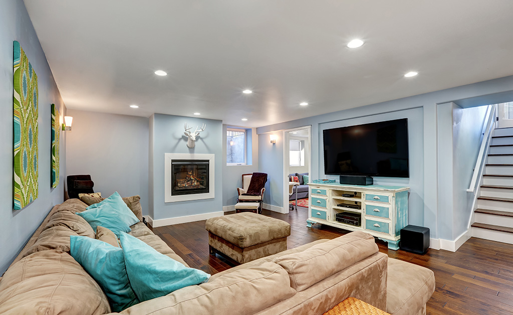 modern living room in a basement