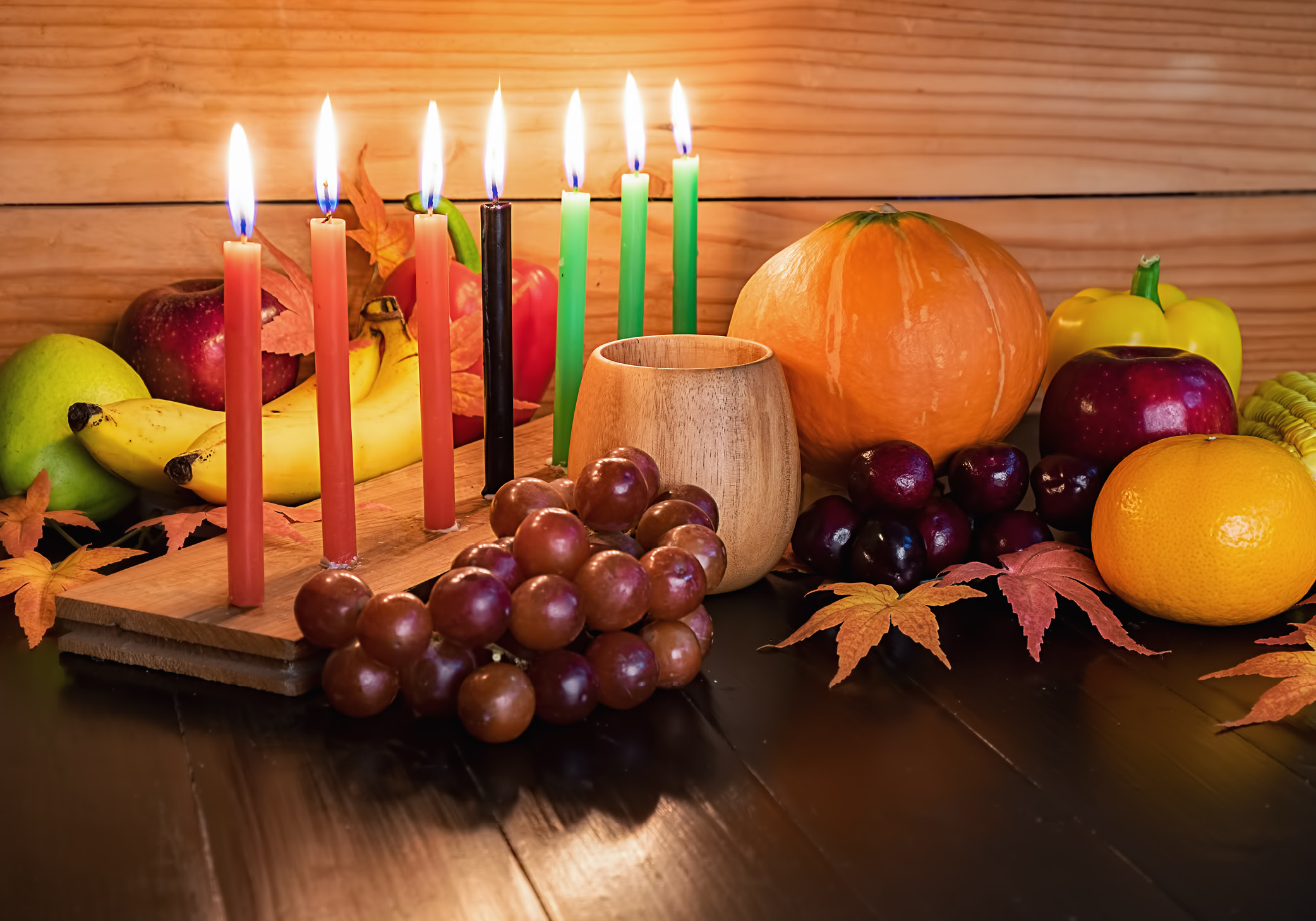Kwanzaa candles and vegetables