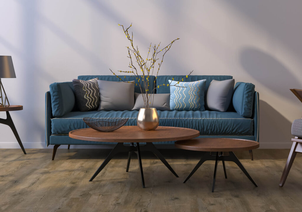 couch and coffee table in art deco style living room
